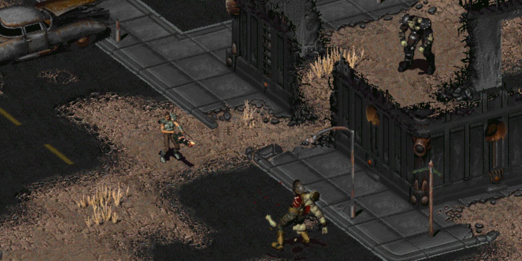 A screenshot from the original Fallout, an isometric RPG. We see a pixel characters, with the human shotting a giant green mutant. 
