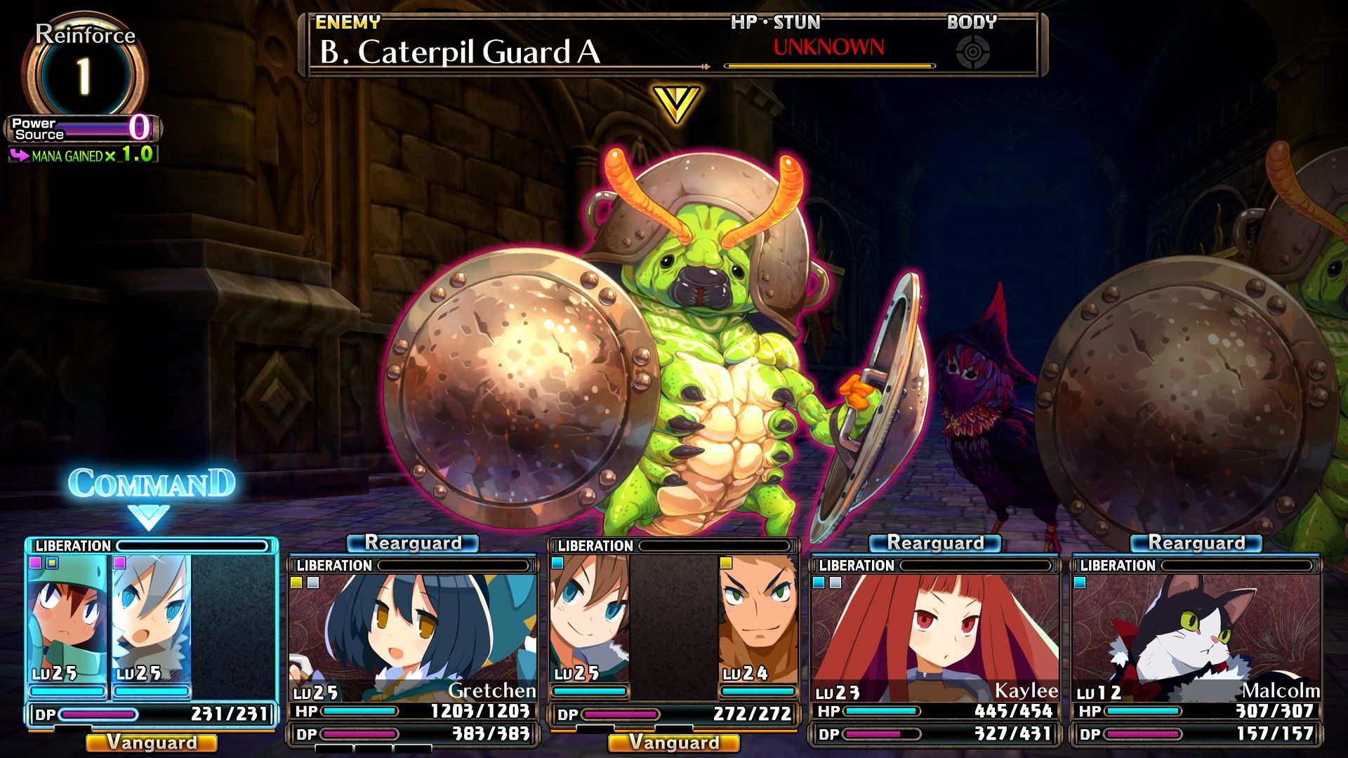 The player fights against a Caterpil Guard boss with their team in Labyrinth Of Galleria: The Moon Society.