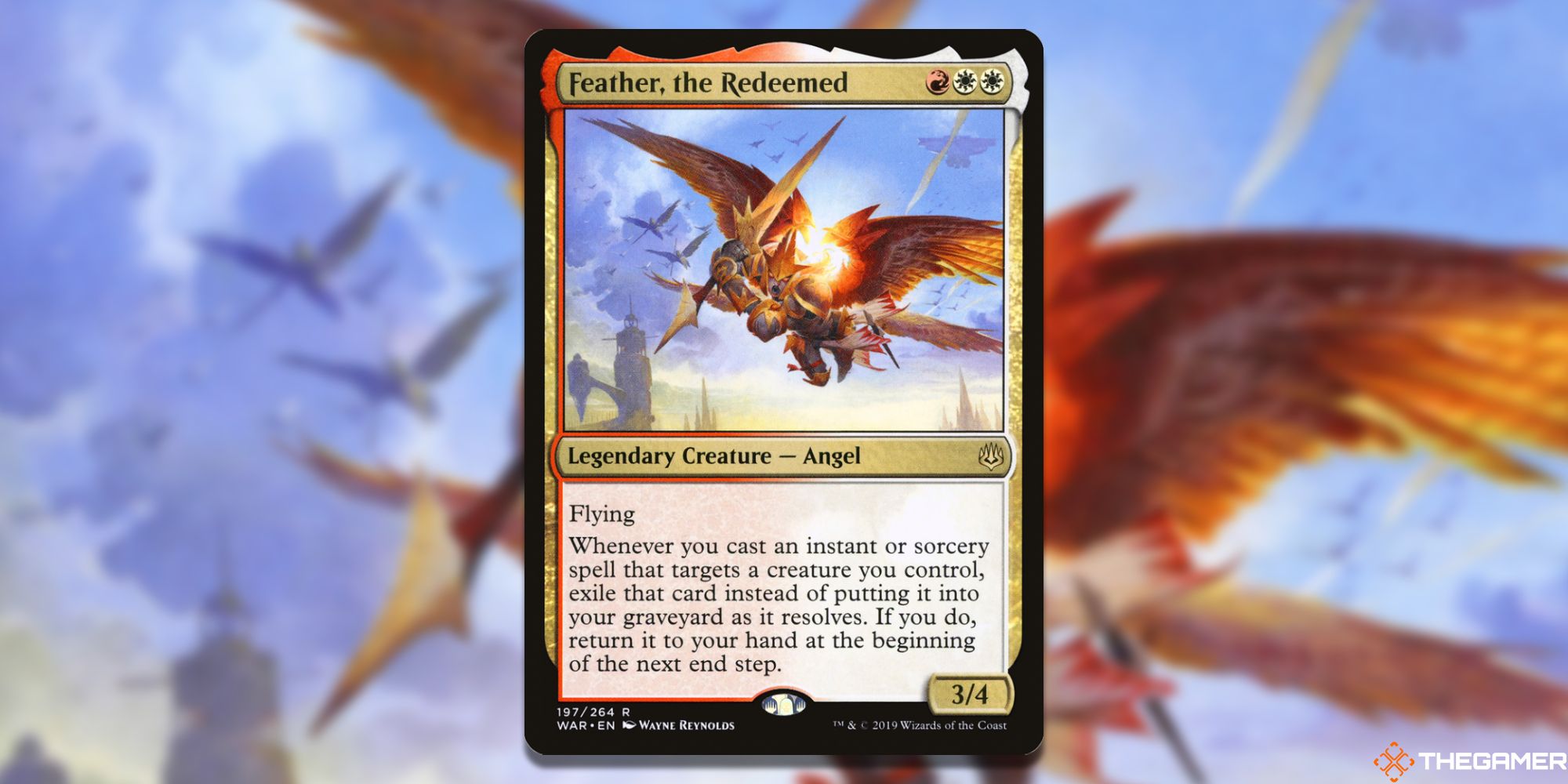 Image of the Feather, the Redeemed card in Magic: The Gathering, with art by Wayne Reynolds