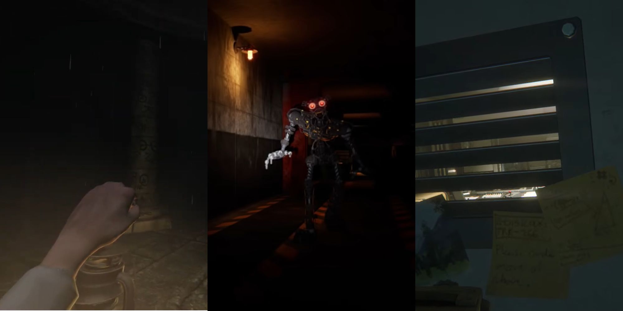 Three images, from left to right - Lantern in Amnesia, Endoskeleton from Security Breach, hiding in a locker from Alien Isolation