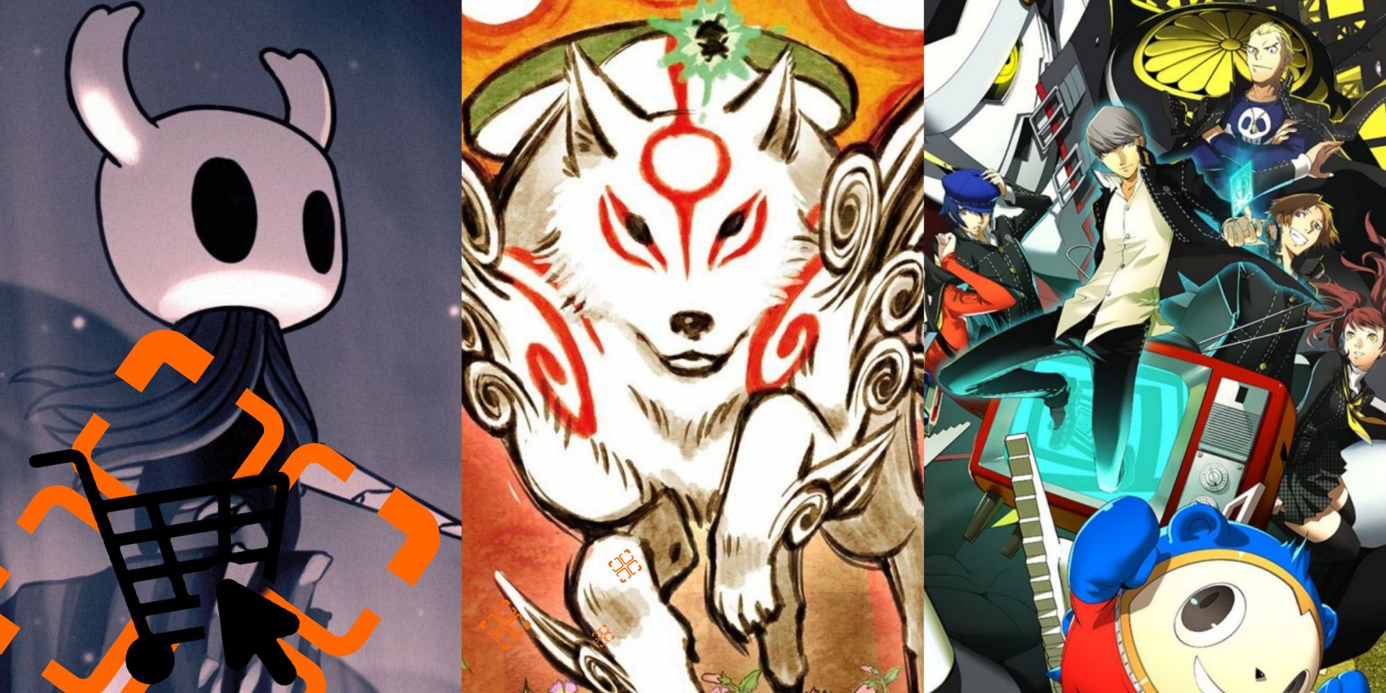 Split image screenshots of the Knight from Hollow Knight, Amaterasu from Okami, and the cast of Persona 4 Golden.