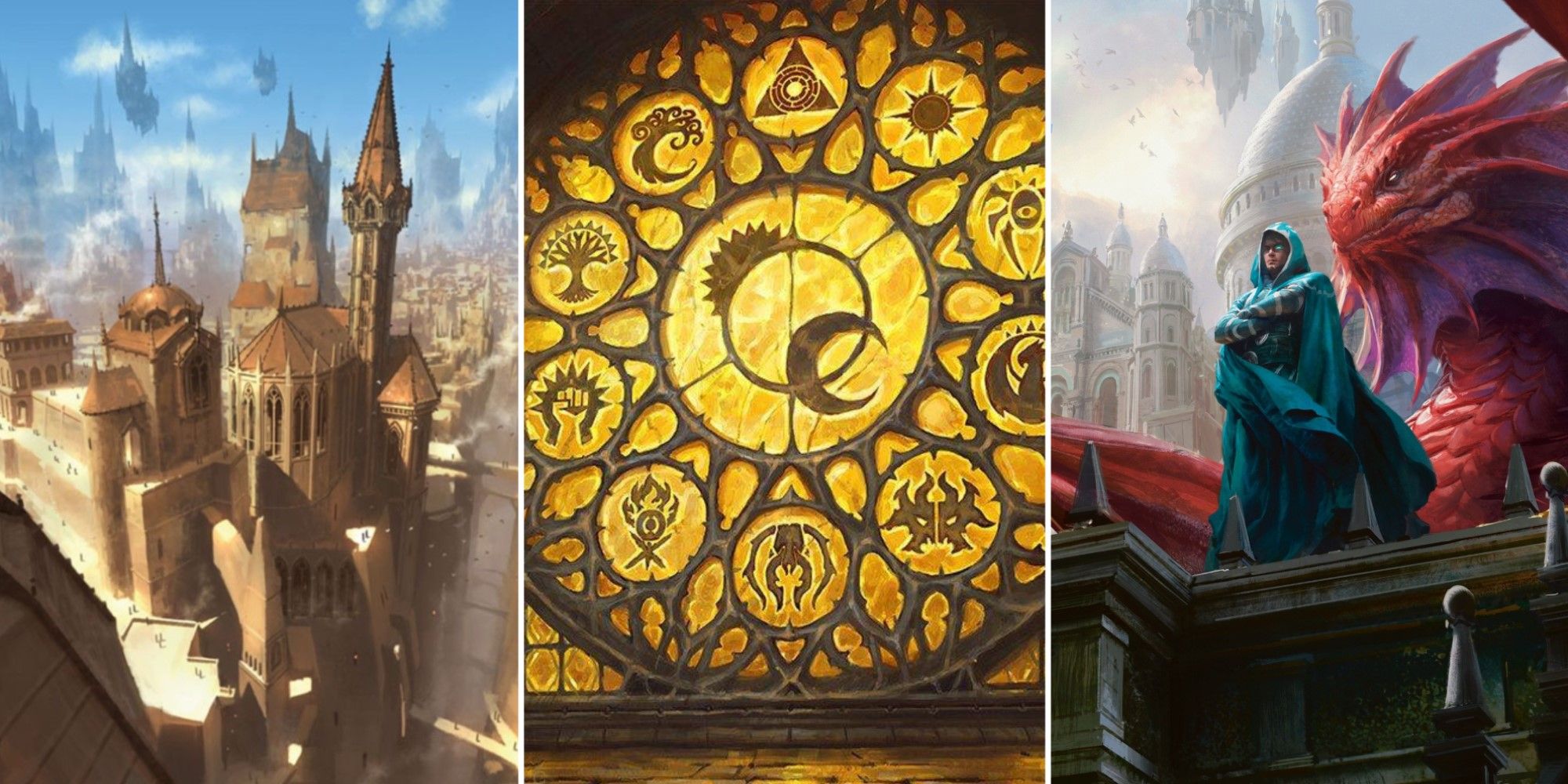 Kunstwerke aus drei verschiedenen Ravnica-Sets in Magic: The Gathering.