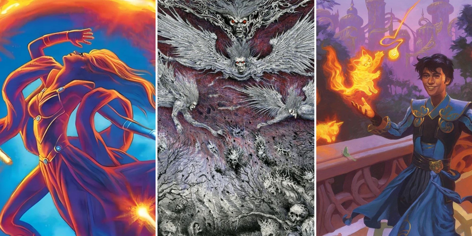 Artwork from three different cards in the Magic: The Gathering expansion Double Masters 2022.