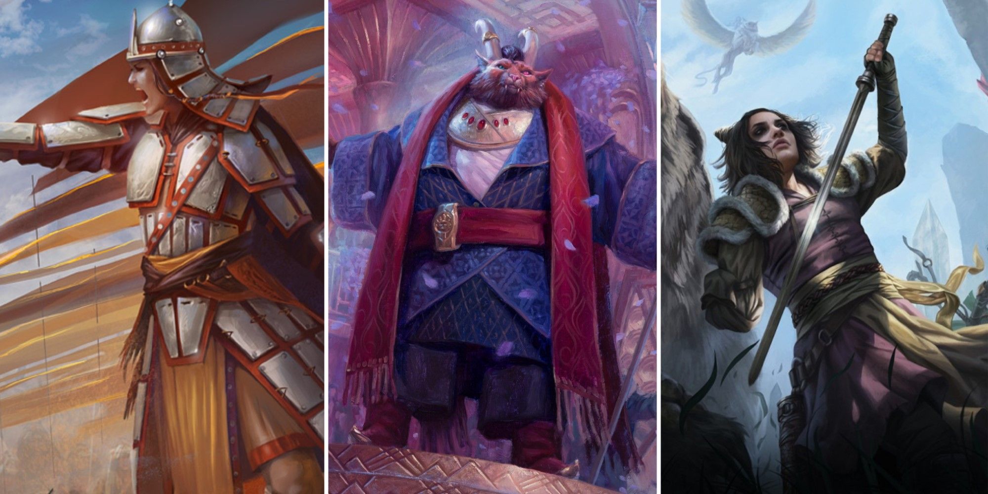 Artwork of three different legendary creatures from Magic: The Gathering.