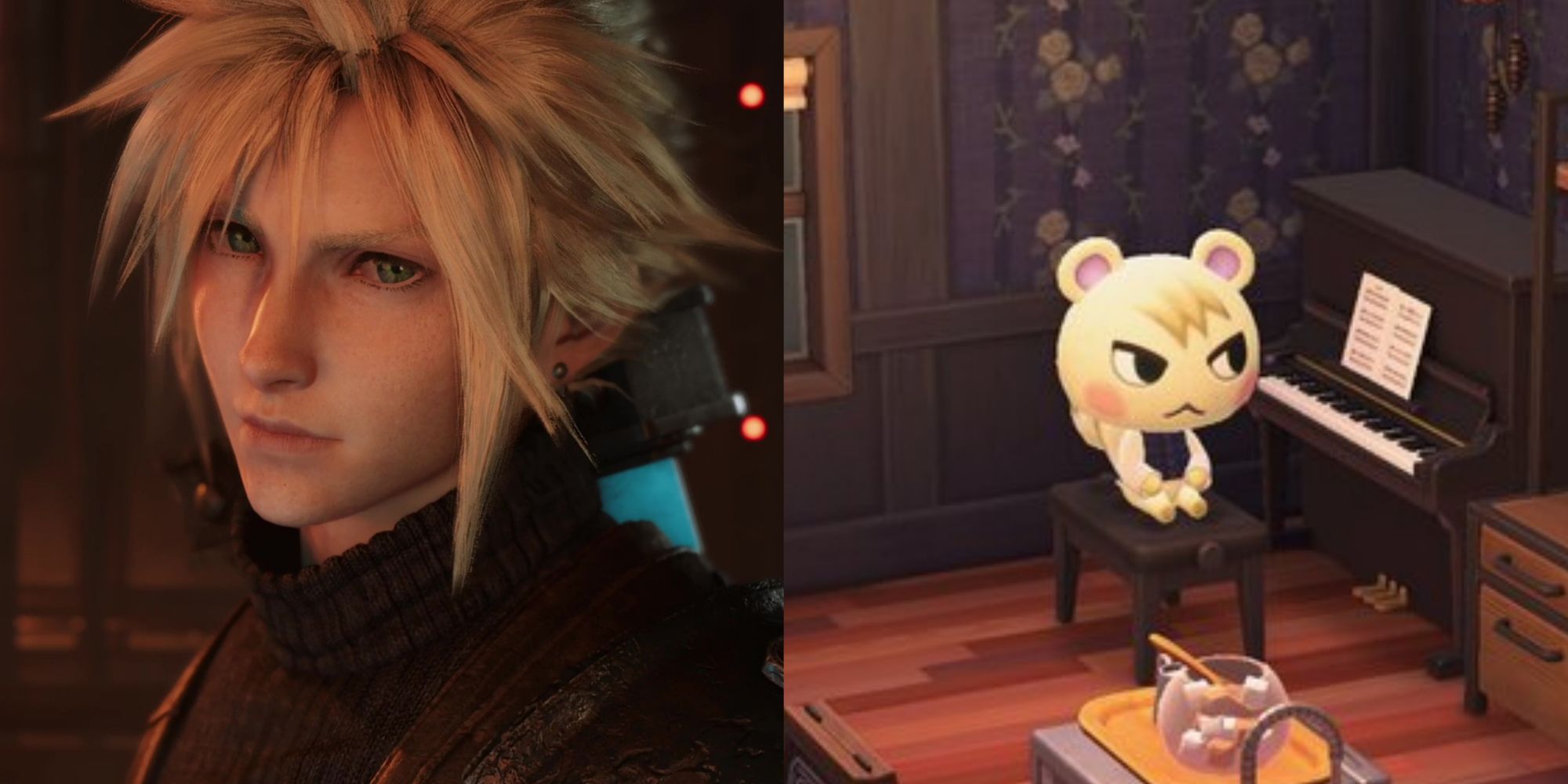 Split image screenshots of a close-up of Cloud Strife in Final Fantasy 7 Remake and Marshal sat on a stool next to a piano in Animal Crossing: New Horizons.