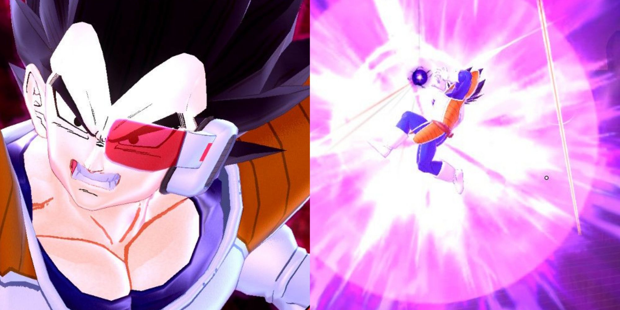 Split image screenshots of a close-up of Vegeta and Vegeta prepares a Galick Gun to destroy an area in Dragon Ball: The Breakers.