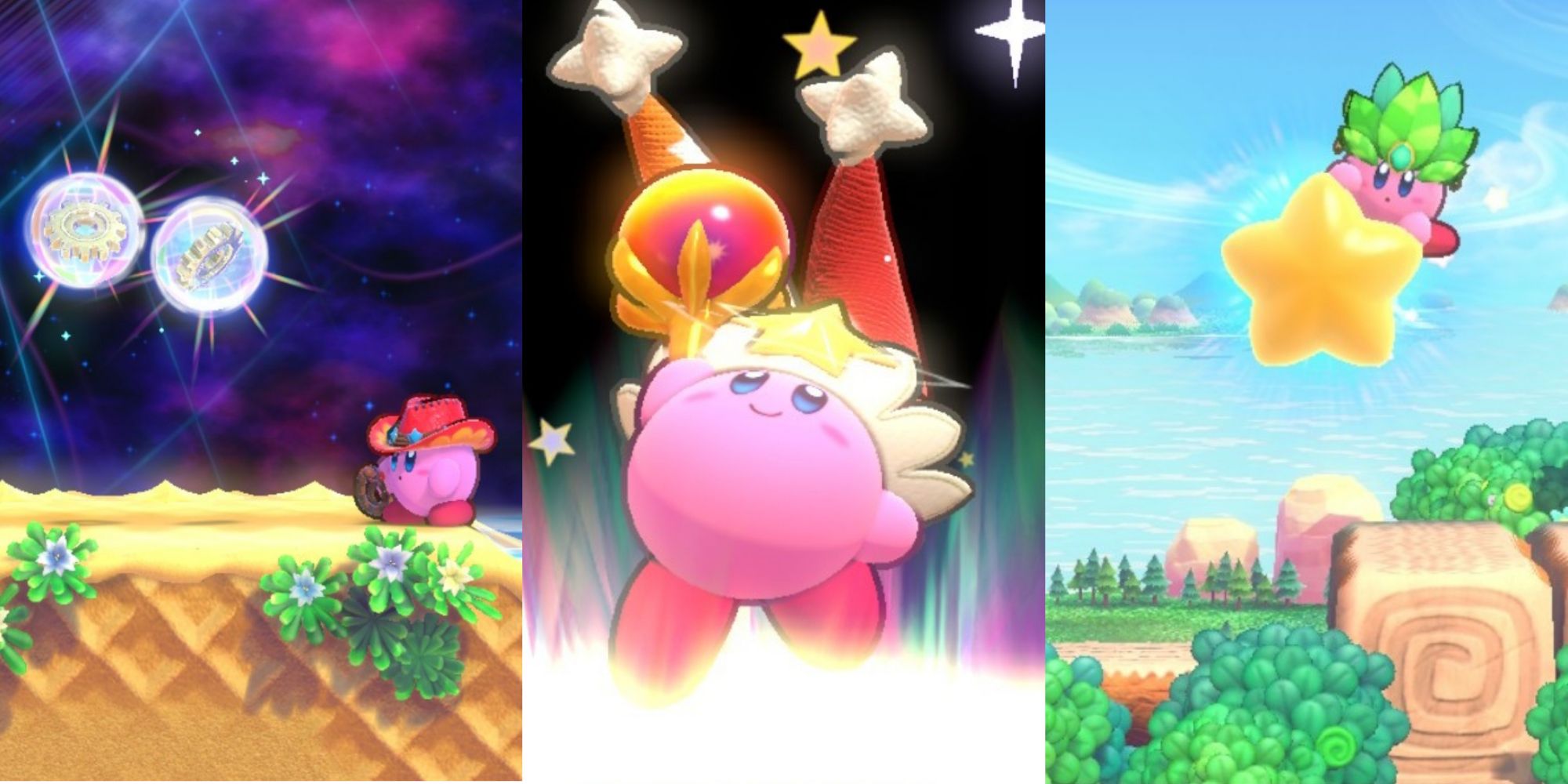 In Kirby's Return to Dream Land Deluxe, if you press the right Control  Stick, Kirby and others will do a little pose. The camera also zooms in a  bit, so