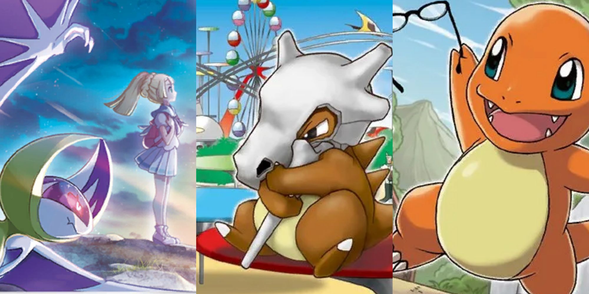 Split image screenshots of Lunala and Lillie in Lunala (Celebrations #015), Cubon clutching its bone in Cubone (BREAKthrough #77), and Charmander running with glasses in its hand in Charmander (Generations #RC3).