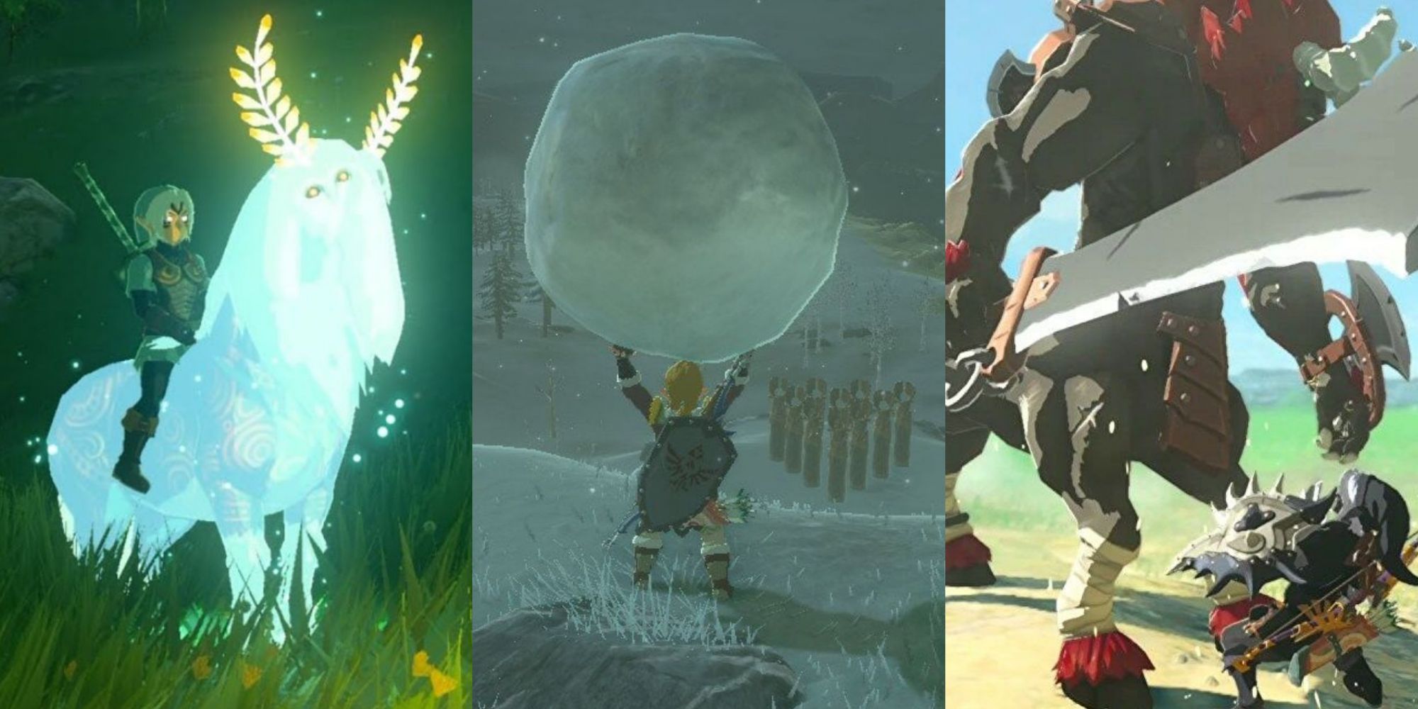 Split image screenshots of Link riding the Lord of the Mountain, holding a snow bowling ball, and fighting a Lynel in Breath of the Wild.