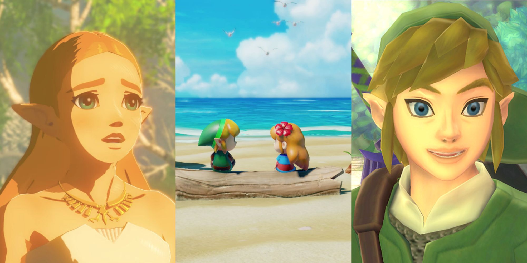 Split image screenshots of Zelda looking sorrowful in Breath of the Wild, Link and Marin sitting together in Link's Awakening, and a close-up of Link in Skyward Sword.