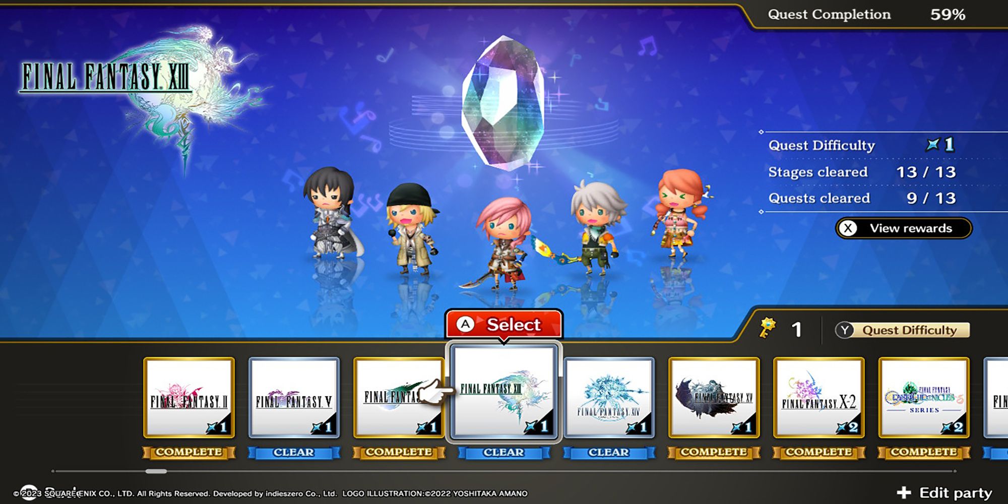Cid Raines, Snow, Lightning, Hope, and Vanille stand below a glowing Rhythmia crystal Theatrhythm: Final Bar Line's Series Title Select Screen.