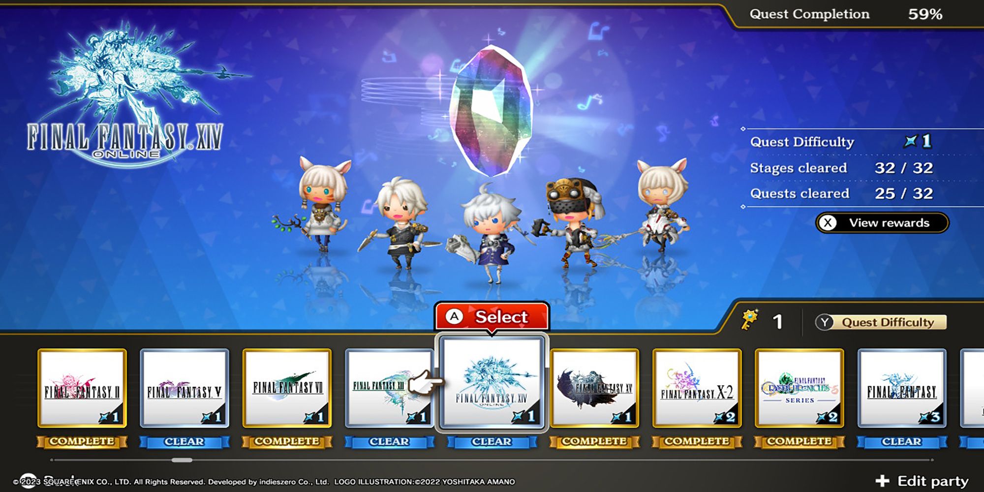 Y'shtola, Thancred, Alphinaud, Yda, and Y'shtola #2 stand under a glowing Rhythmia crystal on Theatrhythm: Final Bar Line's Series Title Select Screen.