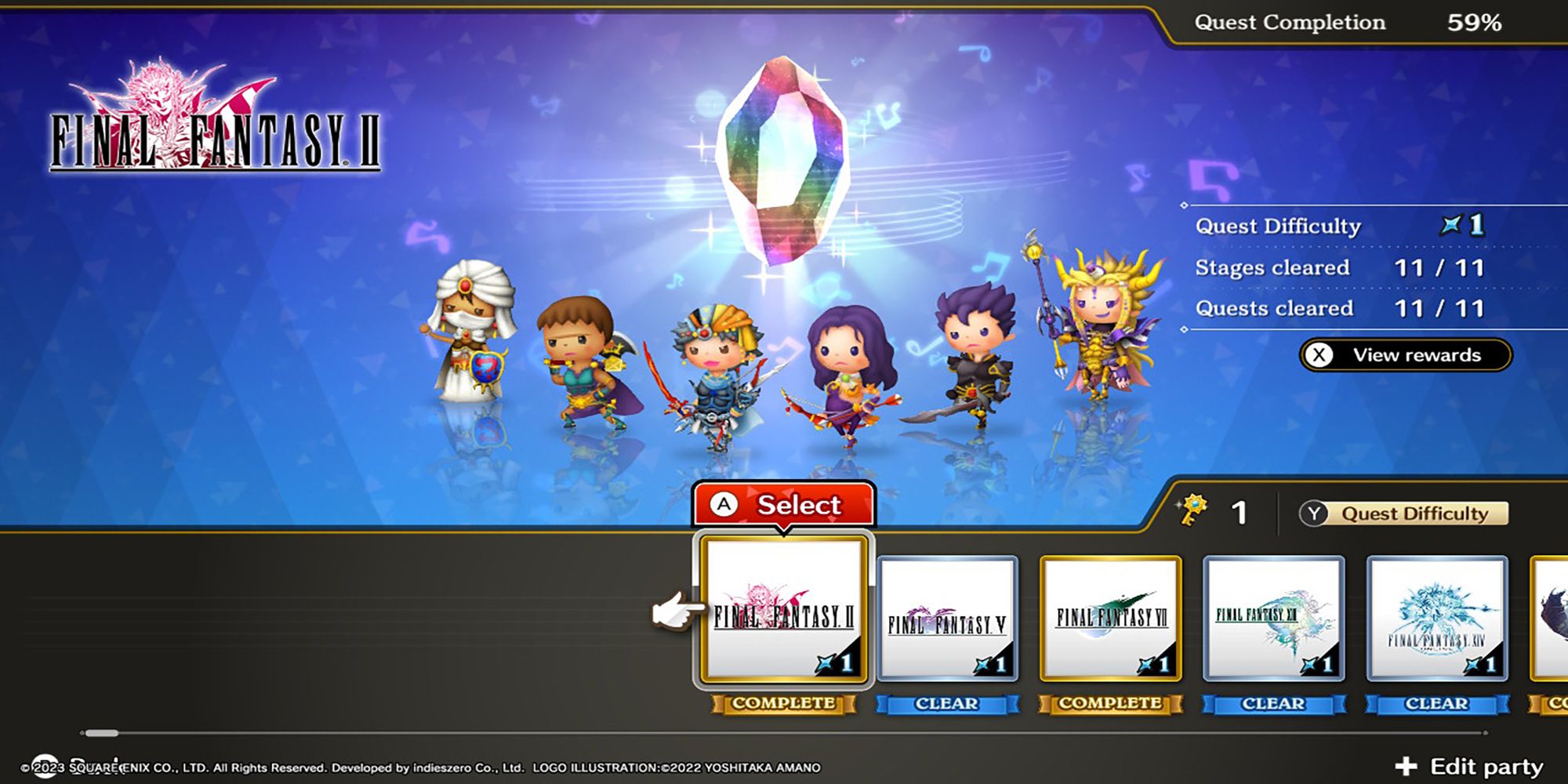 Minwu, Guy, Firion, Maria, Leon, and The Emperor stand below a glowing Rhythmia crystal in Theatrhythm: Final Bar Line's Series Title Select Screen.