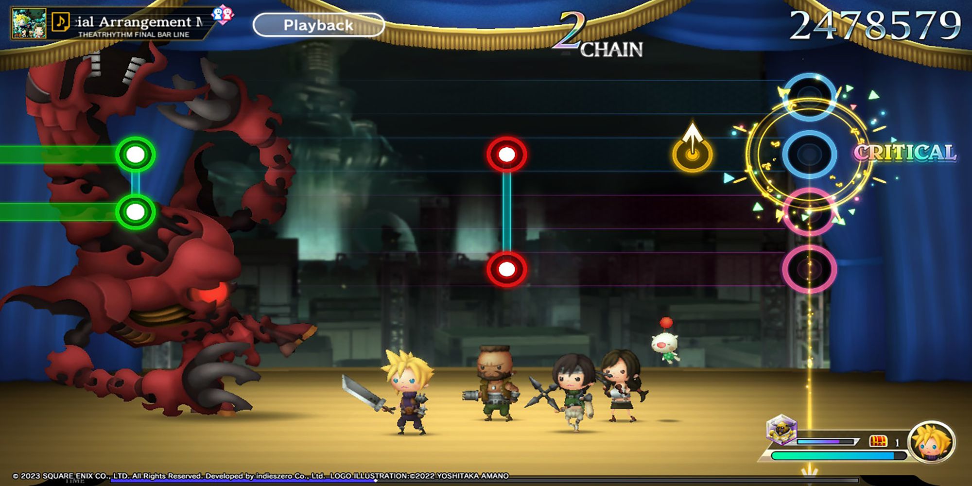 Cloud, Barret, Yuffie, and Tifa fight a monster on a stage with a Final Fantasy 7 backdrop in Theatrhythm: Final Bar Line. Pink and Blue rows indicate Pair Style gameplay. 