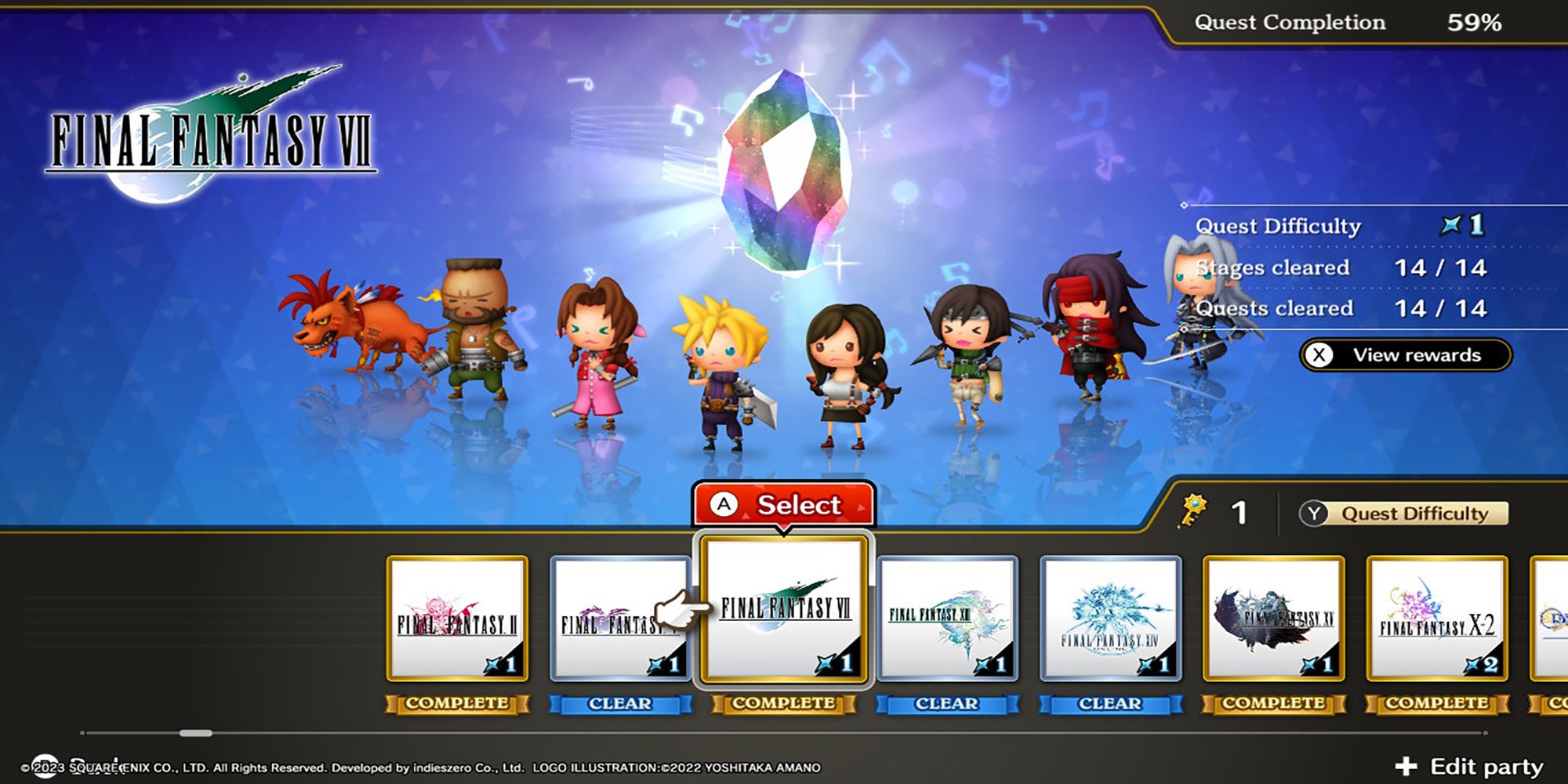 Red XIII, Barret, Aerith, Cloud, Tifa, Yuffie, Vincent, and Sephiroth stand under a glowing Rhythmia crystal on Theatrhythm: Final Bar Line's Series Title Select Screen.