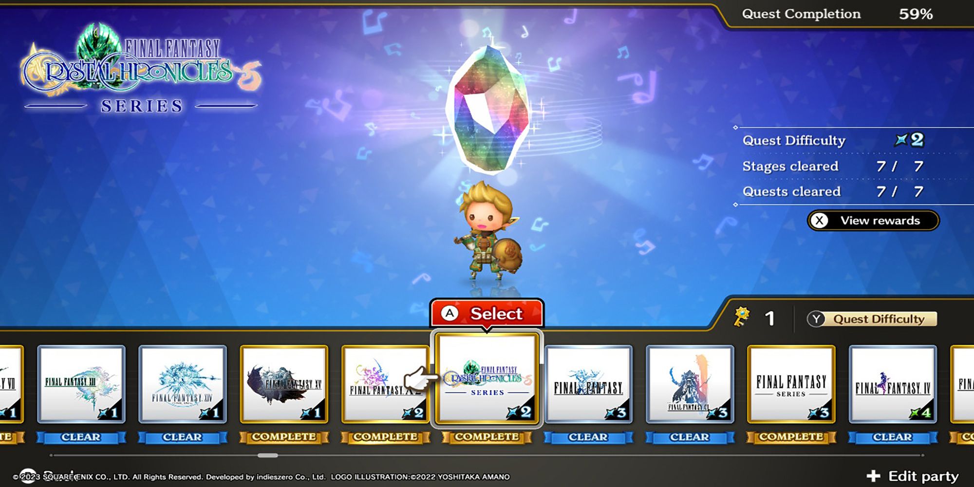 Ciaran stands beneath a glowing Rhythmia crystal on the Series Title select screen from Theatrhythm: Final Bar Line.