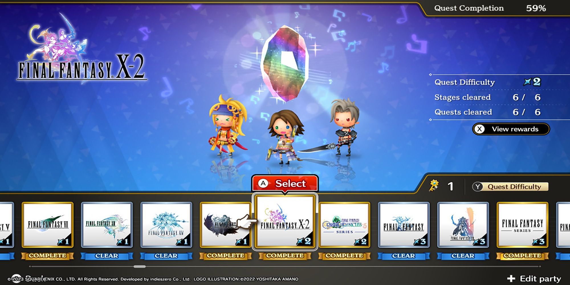 Rikku, Yuna #2, and Paine stand beneath a glowing Rhythmia crystal on the Theatrhythm: Final Bar Line Series Title select screen.