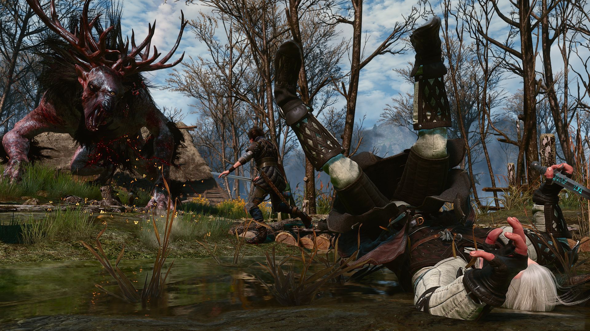 Geralt is sent flying, rolling through a swamp as a monster roars at him.