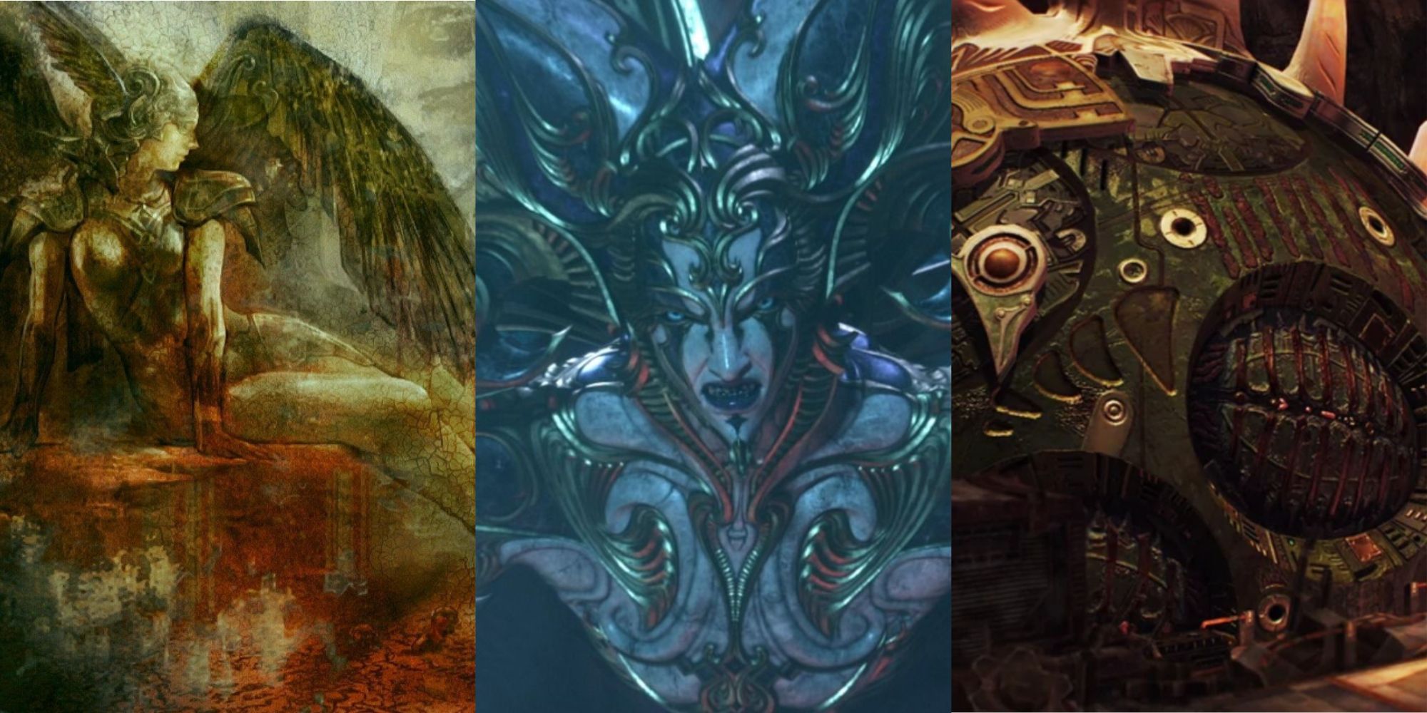 Final Fantasy 13: Mural of Etro bleeding, Bhunivelze scowling, and the Fal'Cie Atomos, left to right