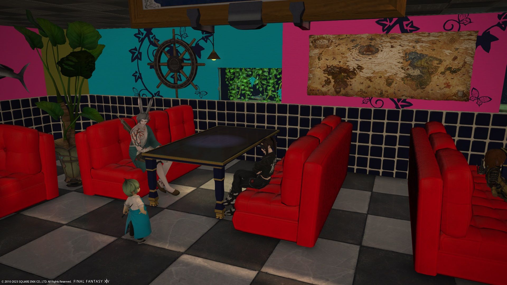 Final Fantasy 14 - Players sat at a table and being served by a waiter in Karen&rsquo;s Diner