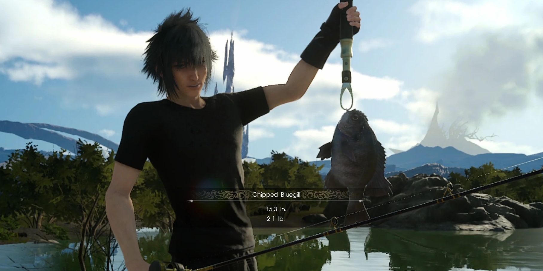 Noctis holding up a Chipped Bluegill in Final Fantasy 15.