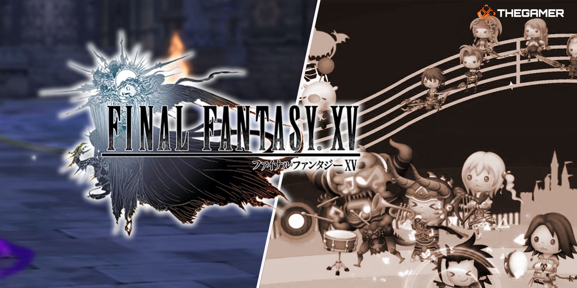 A joyful jubilee of Final Fantasy characters travel toward the Final Fantasy 15 logo in Theatrhythm: Final Bar Line.