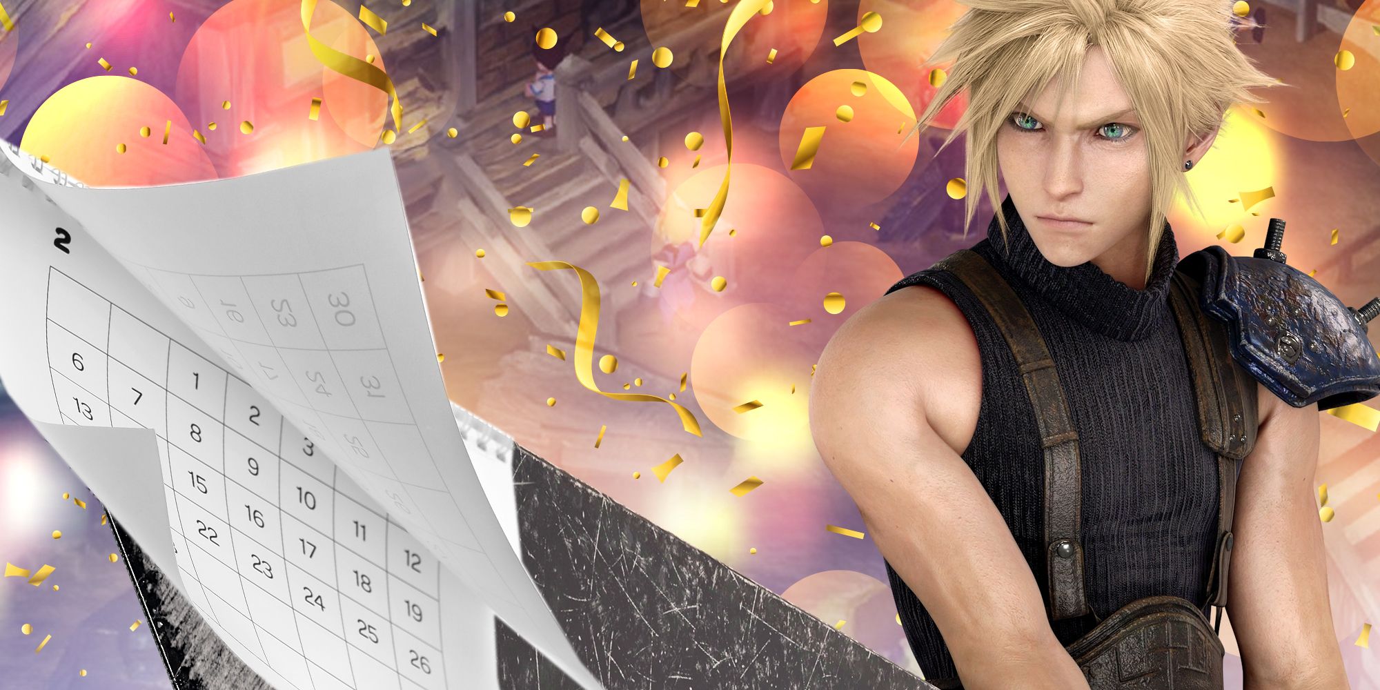 Final Fantasy 7's Cloud slashing a calendar with his Buster sword
