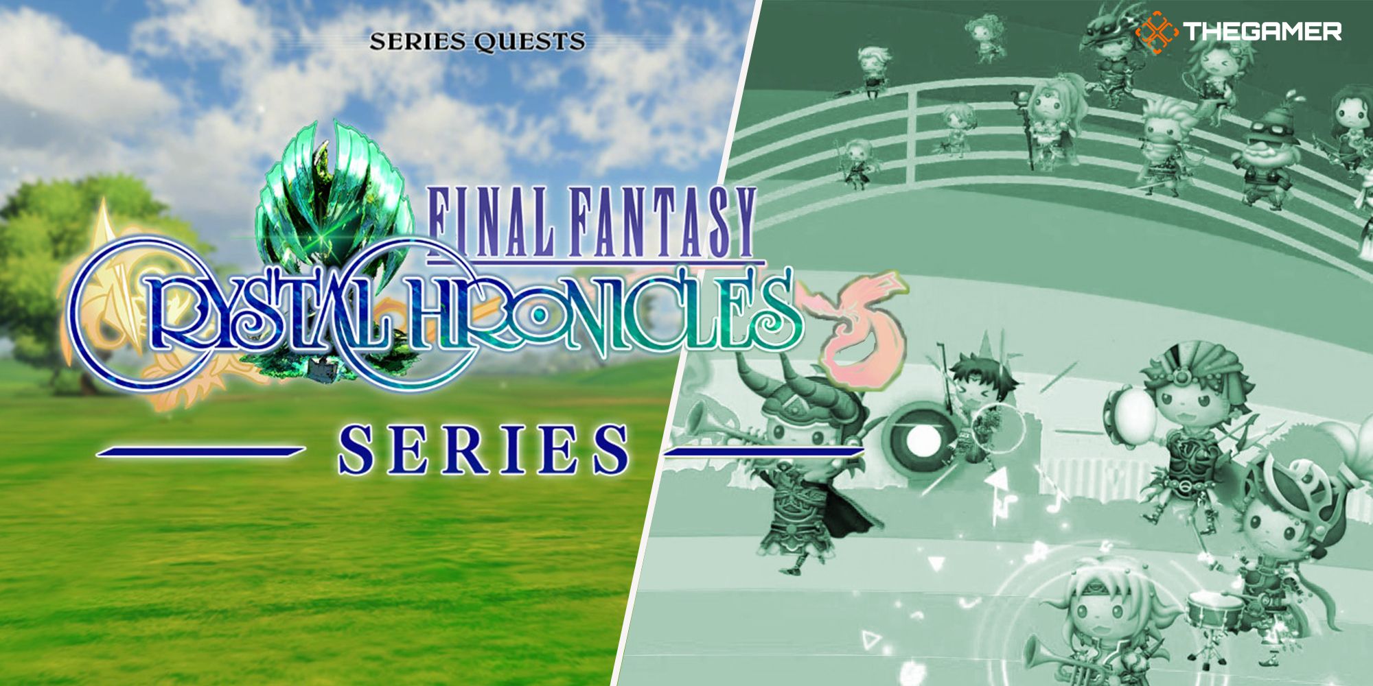 Final Fantasy characters traverse toward the FF: Crystal Chronicles logo in Theatrhythm: Final Bar Line.
