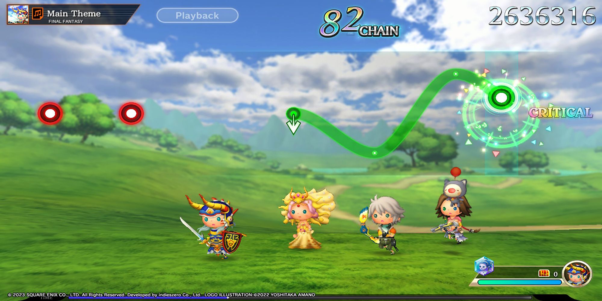 Воин Света, Принцесса Сара, Хоуп и Юна путешествуют по полю к Главной Теме Final Fantasy в Theatrhythm: Final Bar Line.