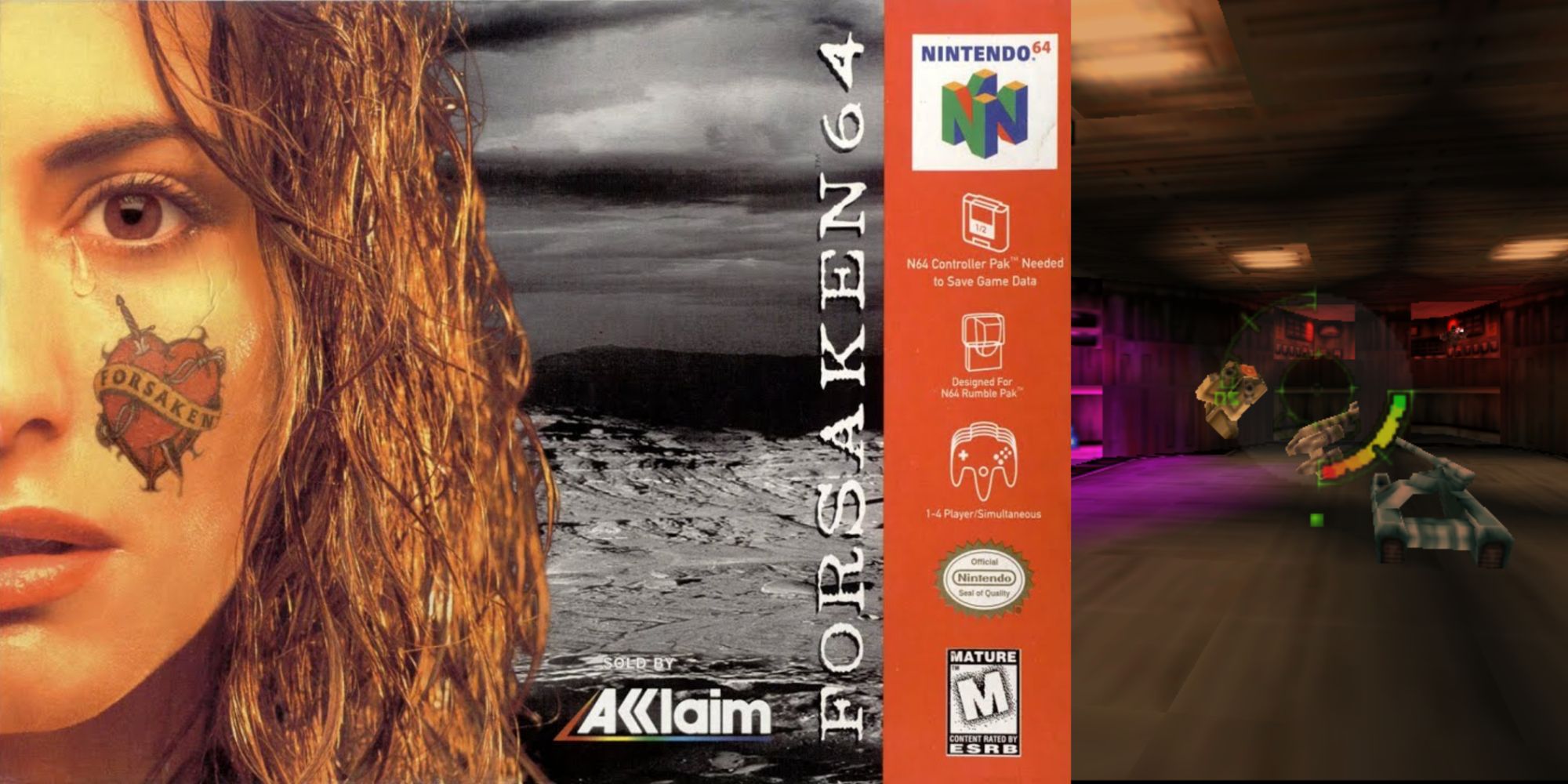 Forsaken 64 cover art and a screenshot of the game