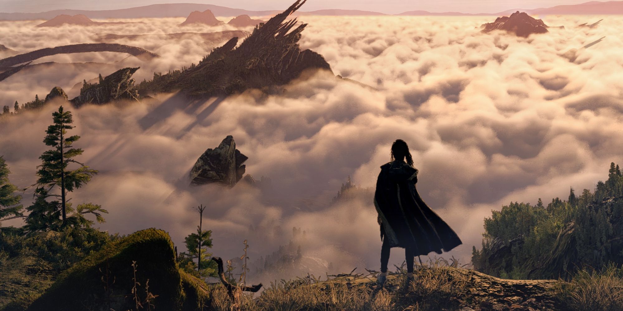 Forspoken character standing on top of a cliff above the clouds looking across at mountaintops in the distance