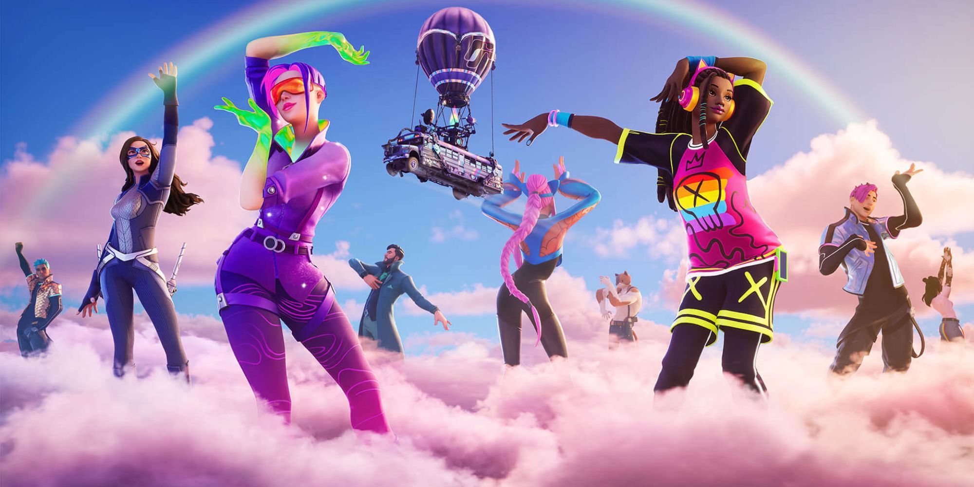 Fortnite-Charaktere tanzen auf rosa Wolken mit einem Regenbogen dahinter