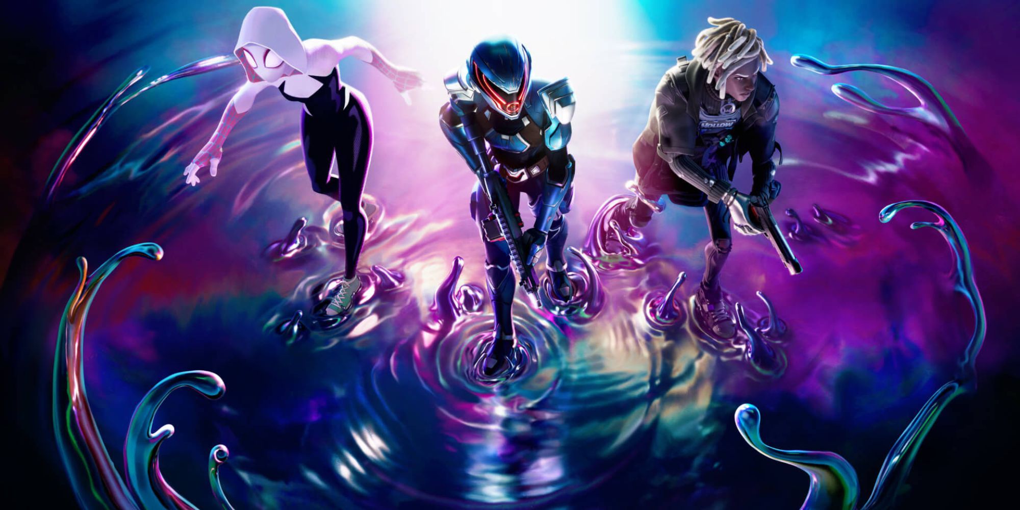 Spider-Gwen walks alongside two other Fortnite characters across a rippling pond