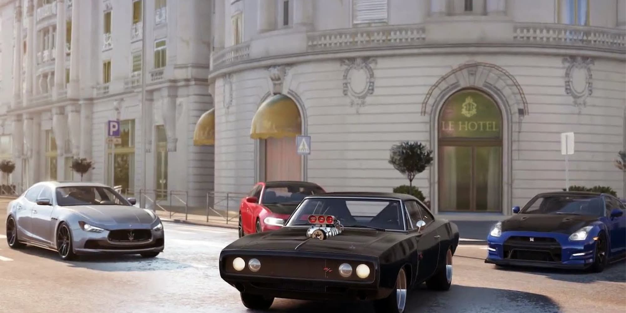 Four cars from the Furious 7 film are parked in front of a hotel in Forza Horizon 2 Presents Fast and Furious.