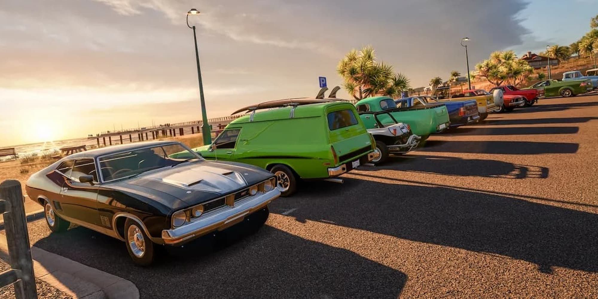 Several cars are packed at a meetup in a lot near the beach in Forza Horizon 3.