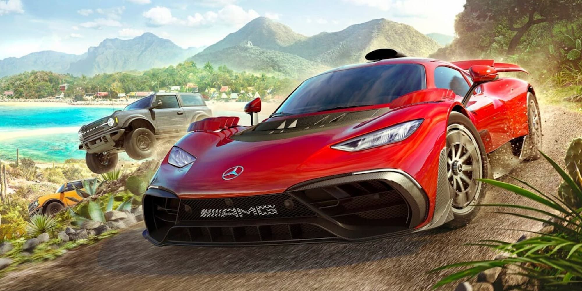 A red car drives off-road while an SUV gets some air behind it in Forza Horizon 5.