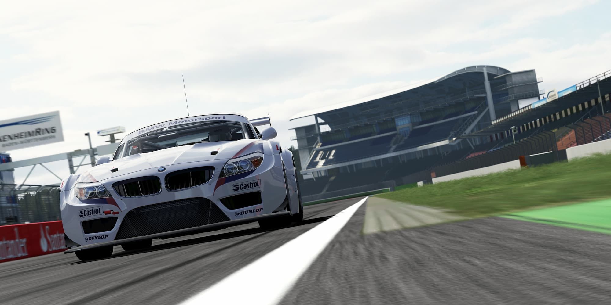 A white racecar zooms near the inner line of a track in Forza Motorsport 4.