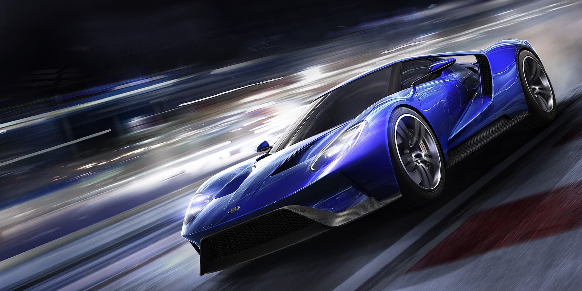 A blue car speeds along a track in a promotional image for Forza Motorsport 6.