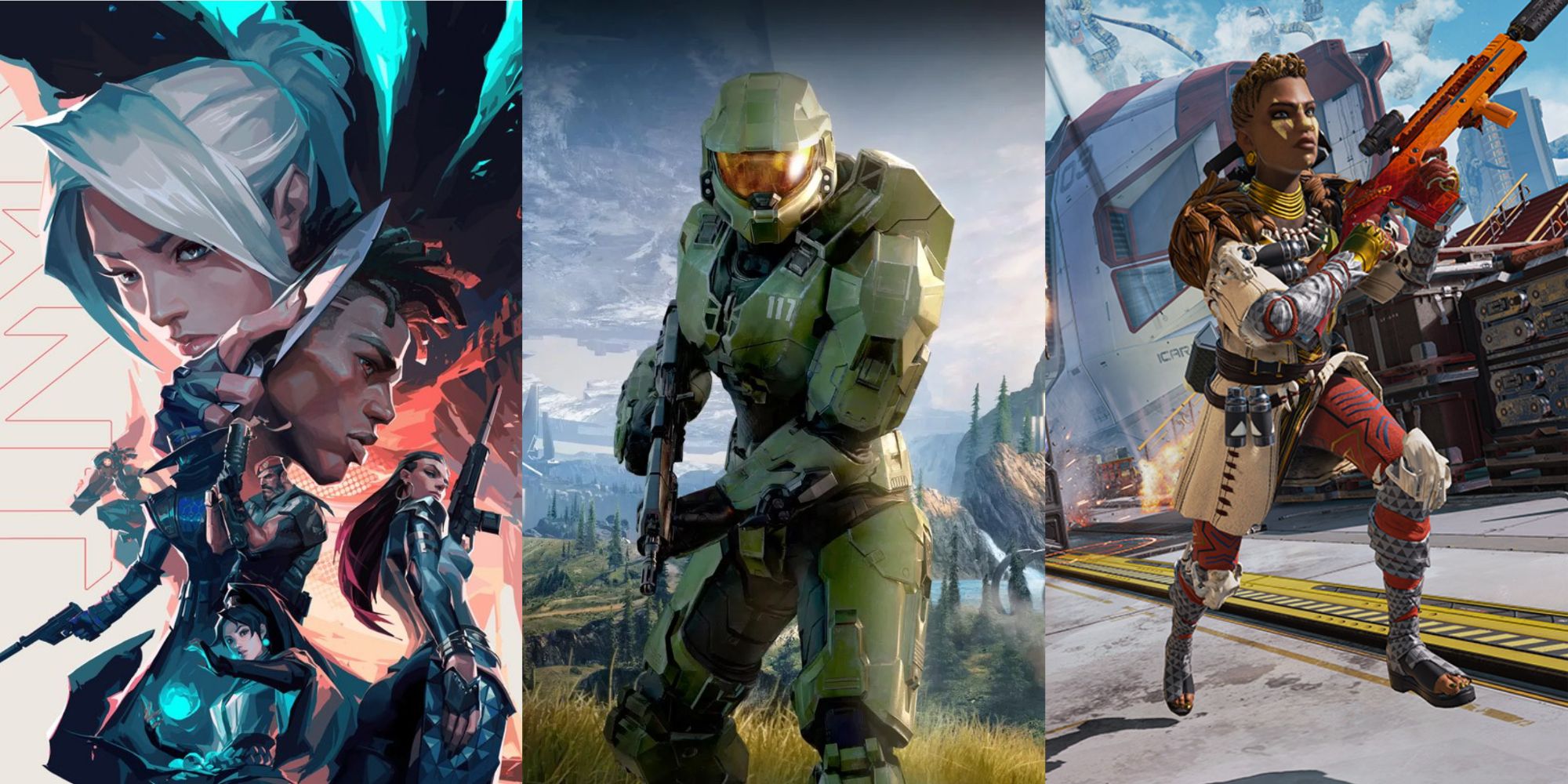 Valorant Character art, Master Chief poses with a gun, and a Champion rushes across the map