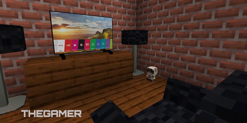 Minecraft scene, two black lamps, TV, black sofa, small doll