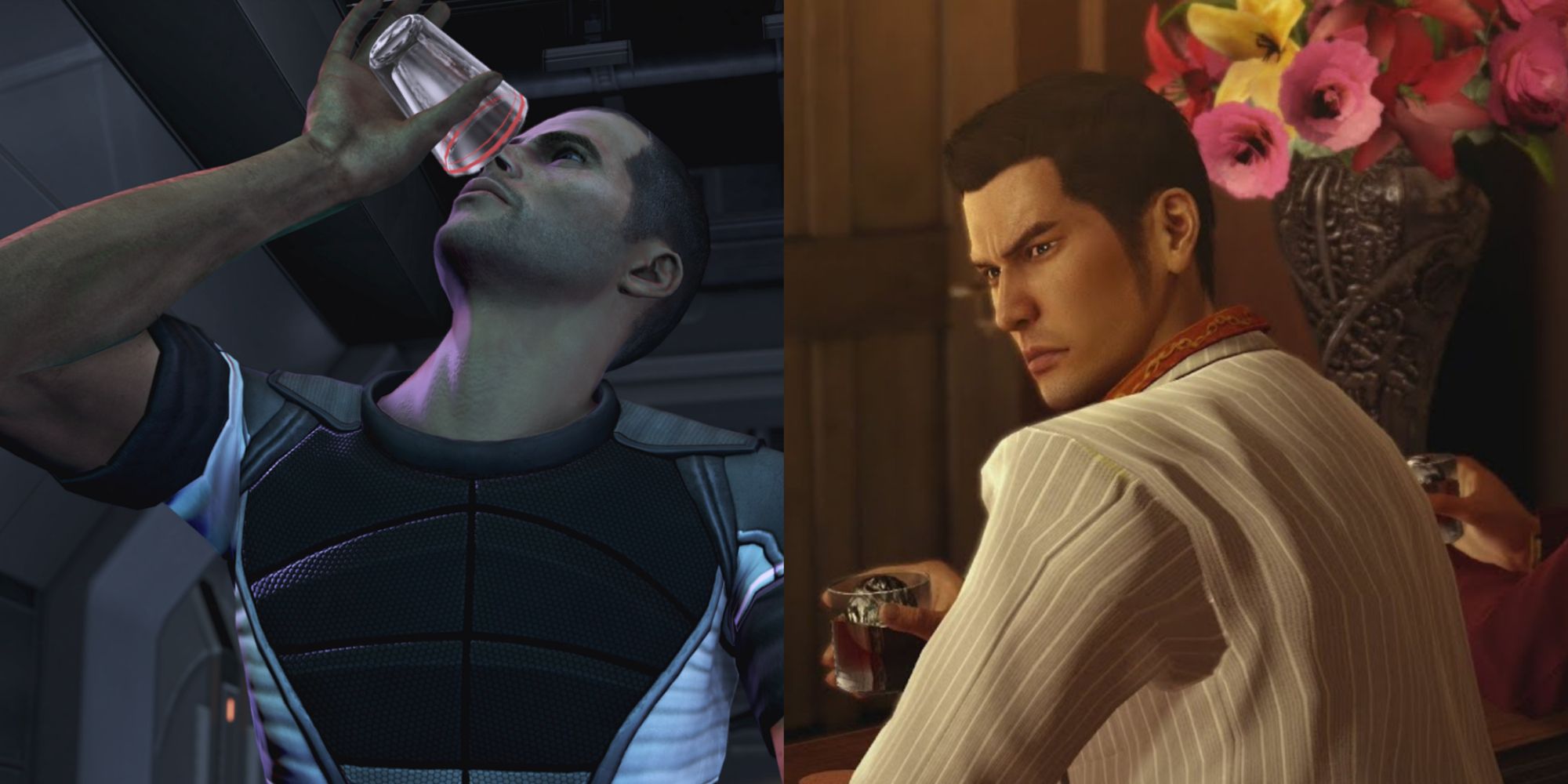 Games Where You Can Get Drunk Featured Split Image Commander Shepard And Kiryu