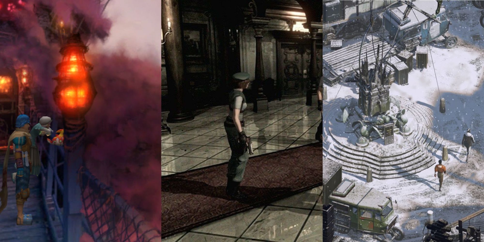 split image of Baten Kaitos background with 2 characters on a bridge, Jill in the Spencer Manor in Resident Evil 1, Snowy background from Disco Elysium, left to right