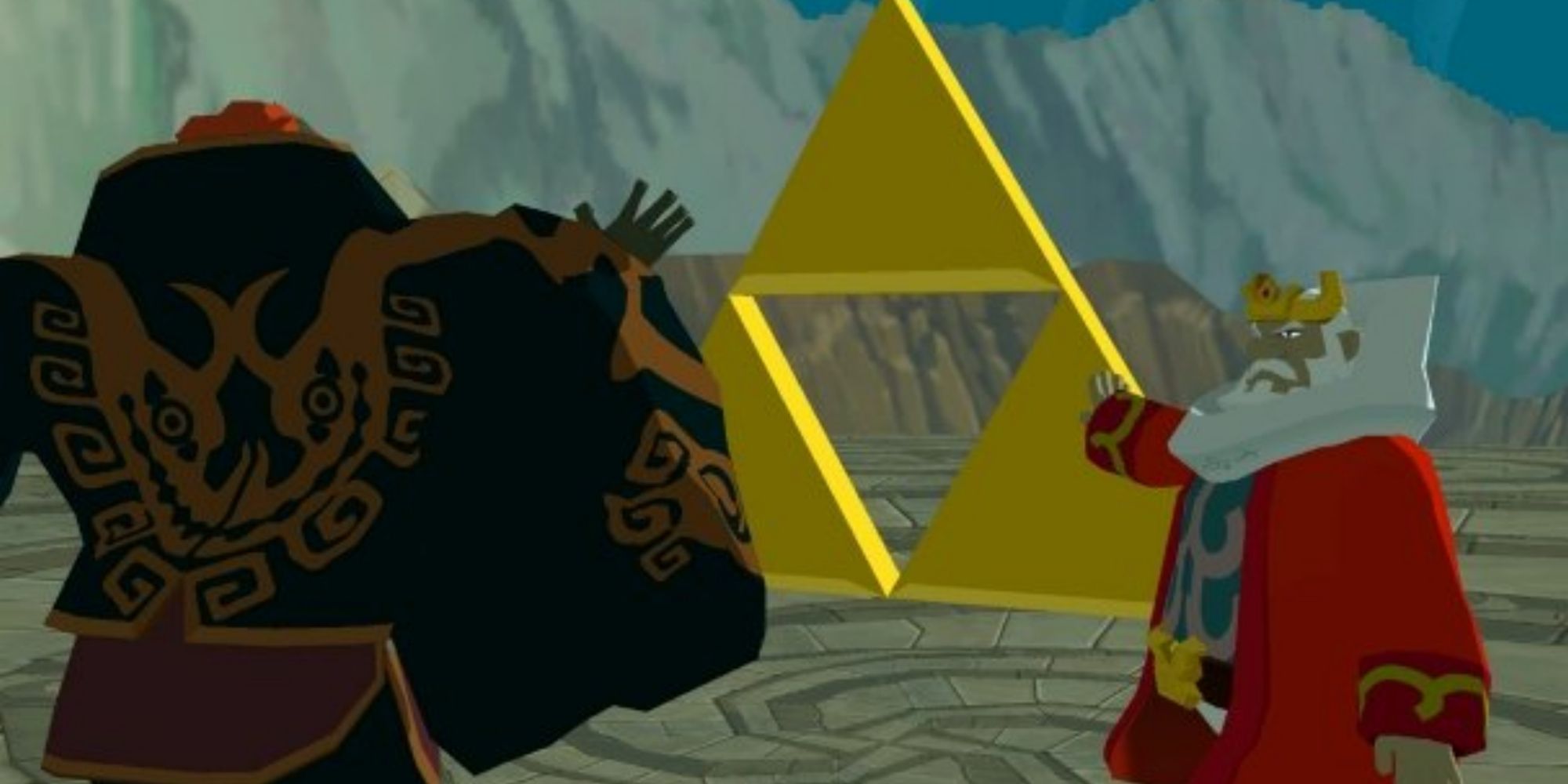 The King of Hyrule opposite Ganondorf with the Triforce in the background in The Wind Waker.