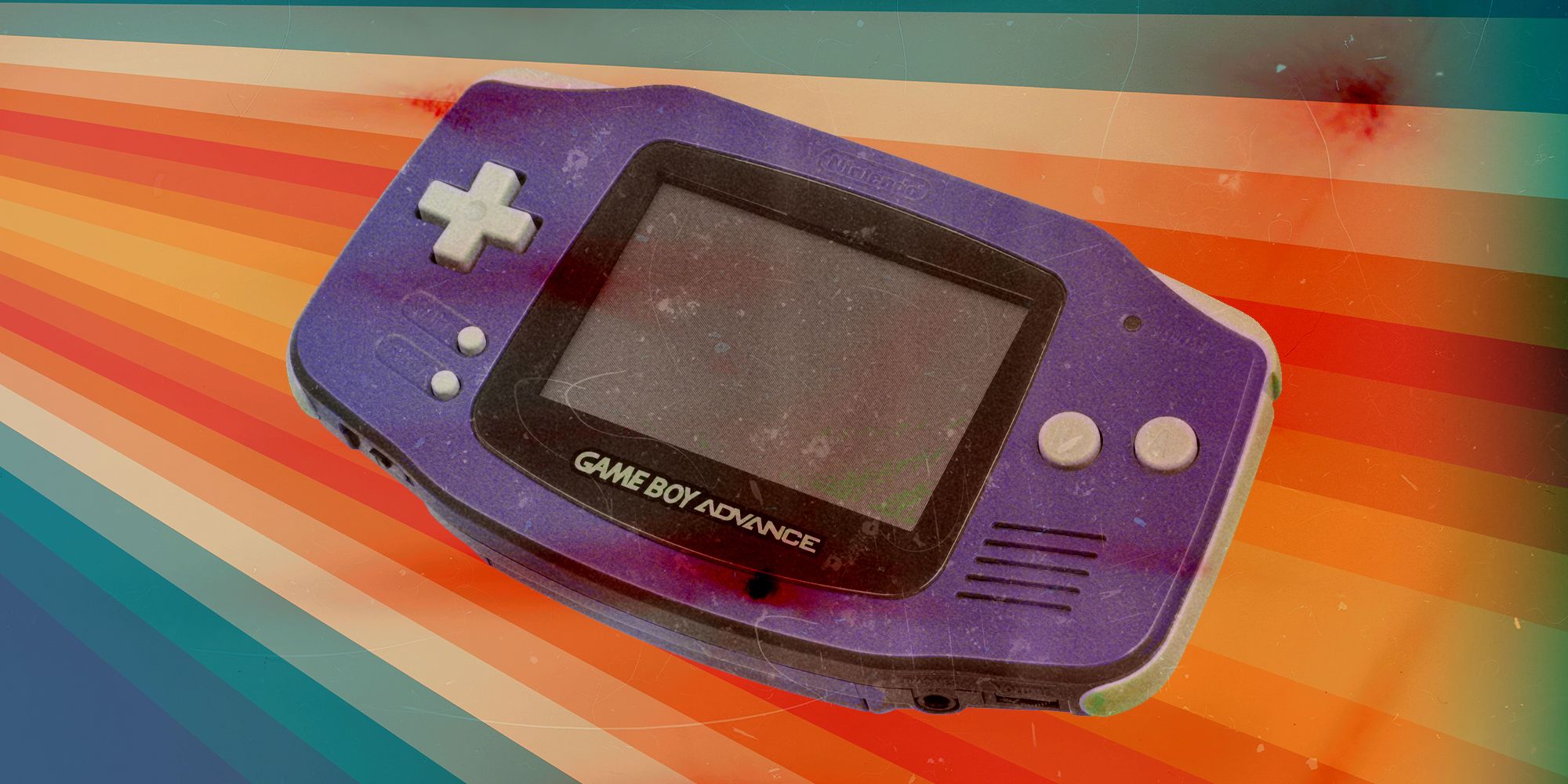 Purple GBA with a rainbow of retro colors in the background.
