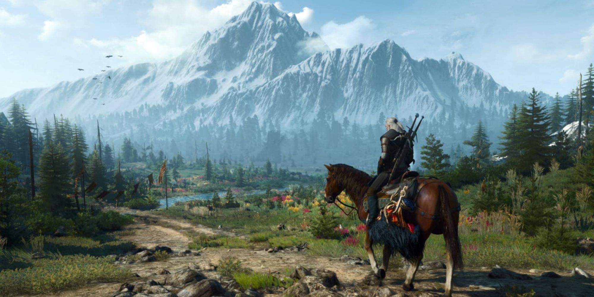 Geralt riding Roach and exploring the open world in The Witcher 3 Wild Hunt