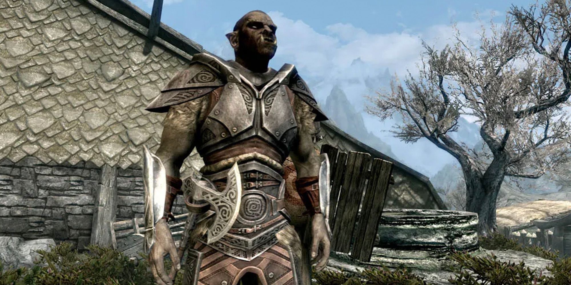 Ghorbash The Iron Hand looking up to the sky in in Skyrim