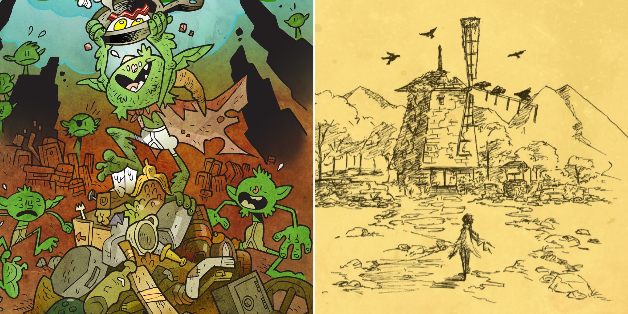 Goblin Quest Cover Art Of Goblins Holding Up Breakfast and The Quiet Year Cover Art Of A Old Windmill