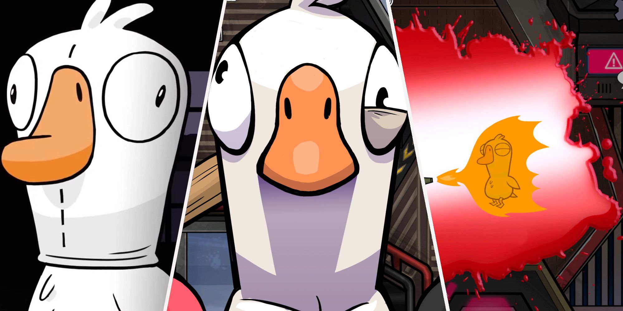 1 Duck in an goose suit looking at camera, 1 goose looking at the camera front facing, a goose getting burnt by the flamethrower