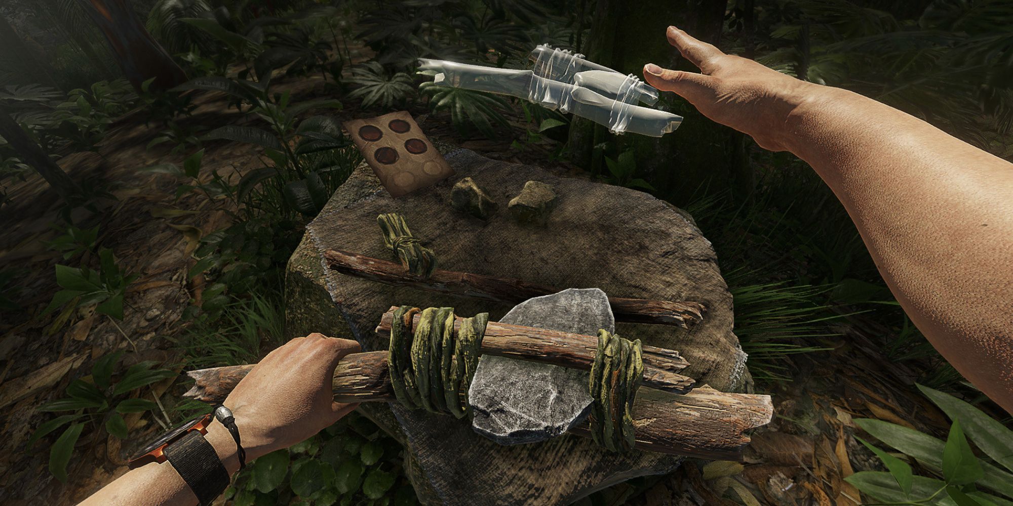 Crafting tools in the jungle in Green Hell VR Mode