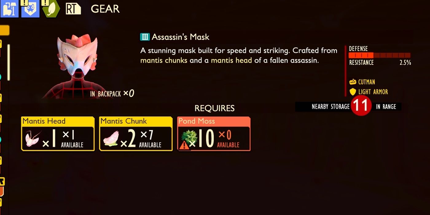 Assassin's Mask with its crafting requirements in the inventory in Grounded.